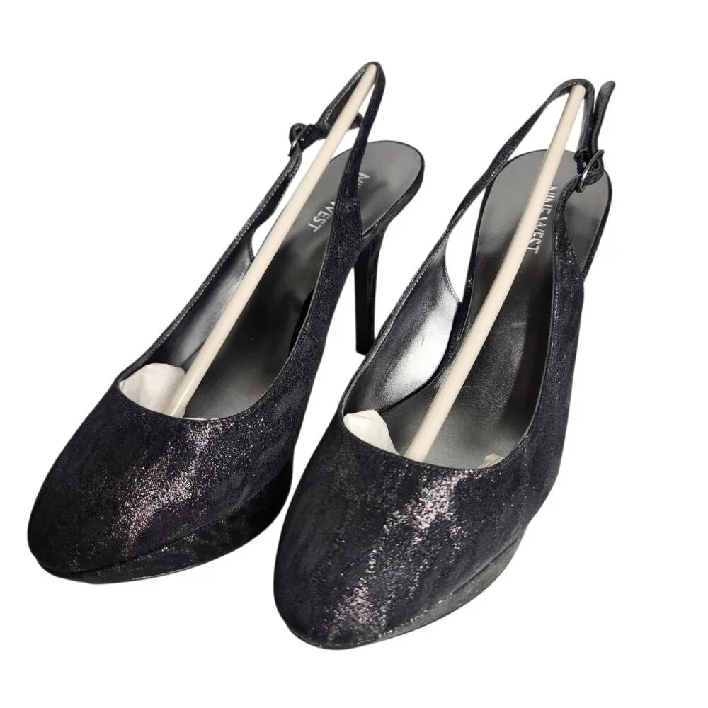 Nine West Women's Cozelle Fabric Platform Pump Black/Silver 8.5 M Animal Print